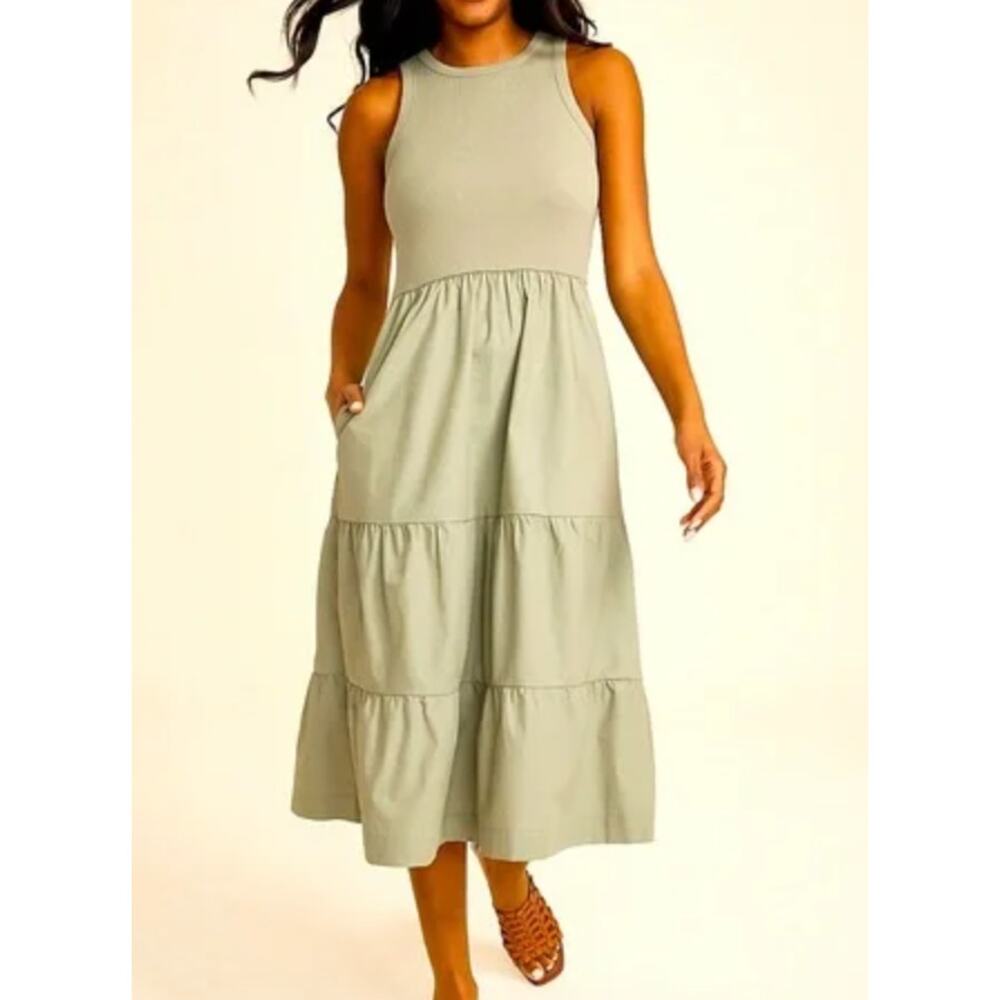 Tiered Tank Midi Dress Olive Sage Green